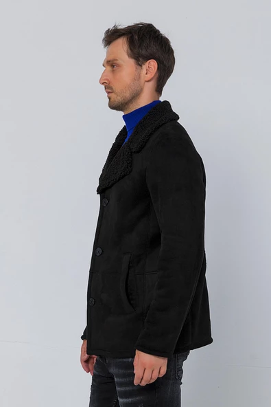 Erkek Regular Fit İçi Kürklü Düğmeli Katlı Yaka Yandan Cepli Klasik Süet Mont - 2