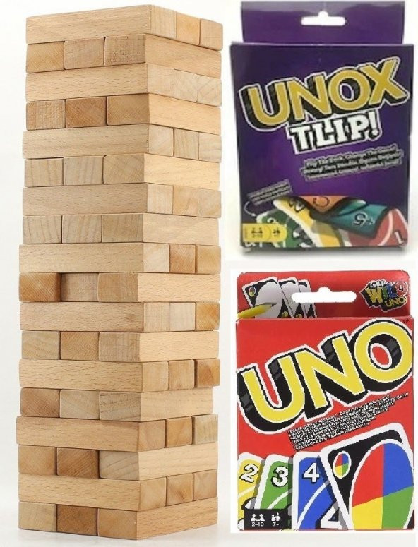 Hece 54 Parça Ahşap Jenga Denge Oyunu + Uno Kart Oyunu + Unox Flip Kart Oyunu