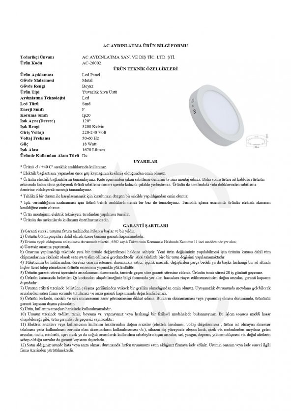 18W Sıva Üstü Yuvarlak Led Panel Beyaz Işık - 2