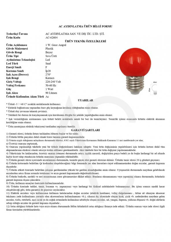 1W Gece Led Ampul Kırmızı - 2