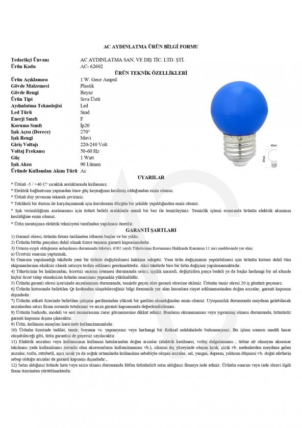 1W Gece Led Ampul Mavi - 2