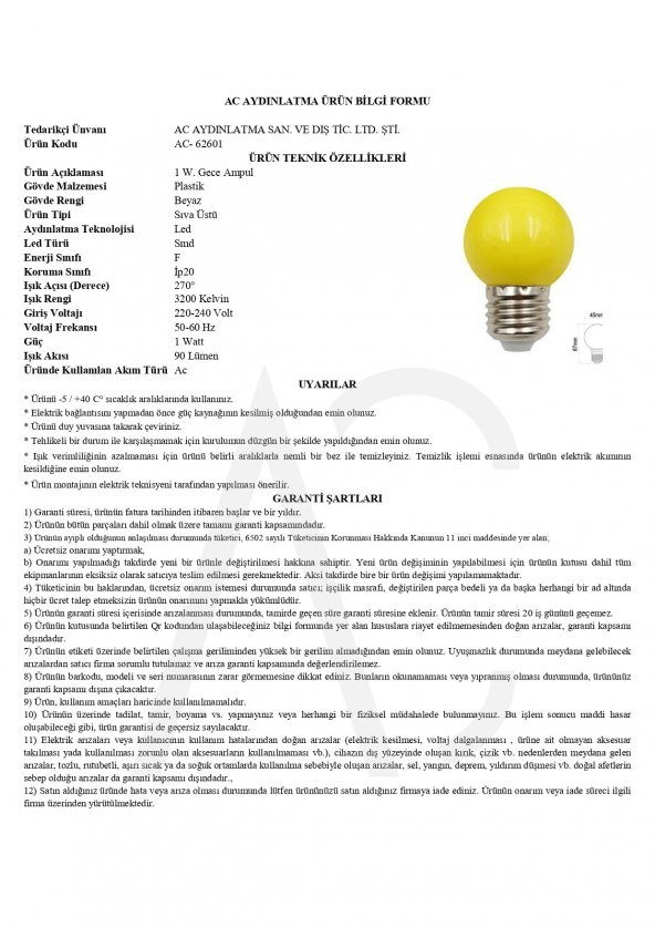 1W Gece Led Ampul Sarı Işık - 2