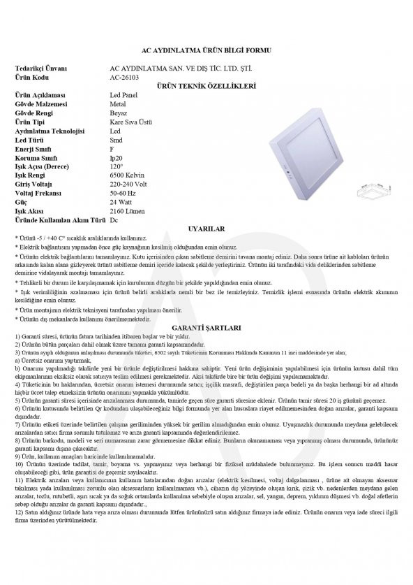 24W Sıva Üstü Kare Led Panel Beyaz Işık - 2