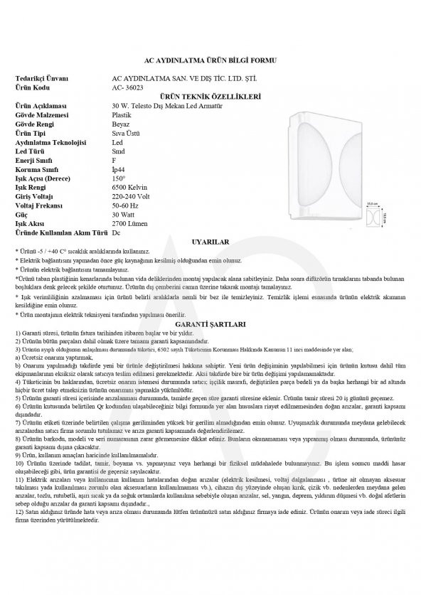 30W Telesto Led Armatür Beyaz Kasa Beyaz Işık - 2