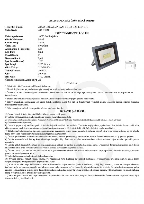 50W Led Projektör Amber Işık - 2
