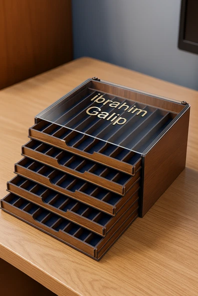 Şeffaf Pleksi Kapaklı Mdf Tesbih Kutusu Ahşap 5 Katlı 50 Bölme Tesbihlik