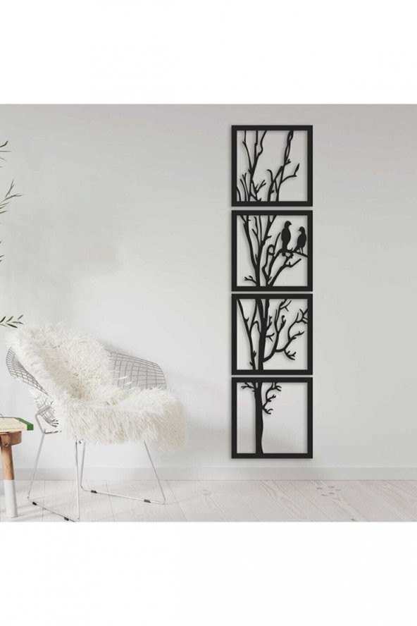 Duvar Süsü Ağaç Dalı Kuşlu Tablo 4 Parça Set 104x25 Cm