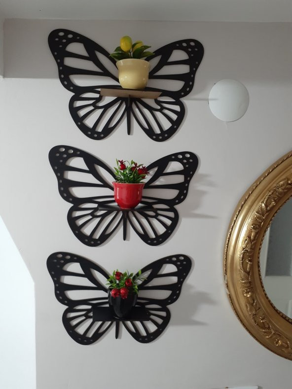 Dekoratif Kelebek Duvar Rafı 3lü Set Siyah