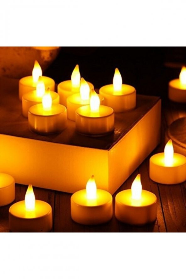 Ledli Mum Tealight Işıklı Dumansız Sarı Alevli Led Mum Pilli 12 Adet Pil Dahil