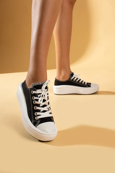 Pembe Potin Bağcıklı Kalın Taban Keten Kadın Sneaker 57-101-23