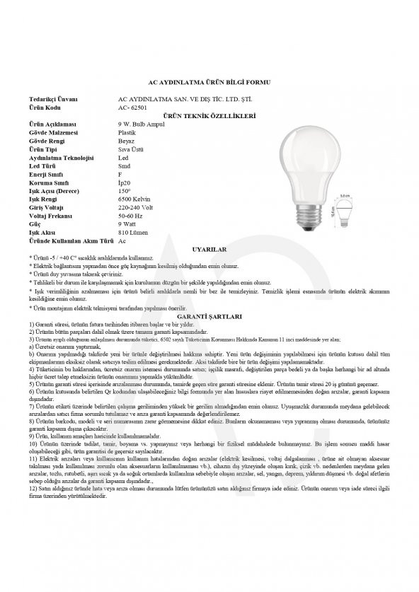 9W Bulb Led Ampul Beyaz Işık - 2