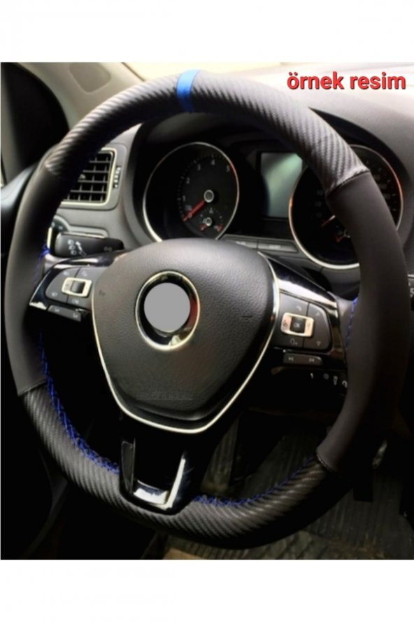 Universal Alcantara Deri Dikmeli Direksiyon Kılıfı Alkantara-karbon Mavi Yüzüklü Mavi Ipli ürün görseli 1