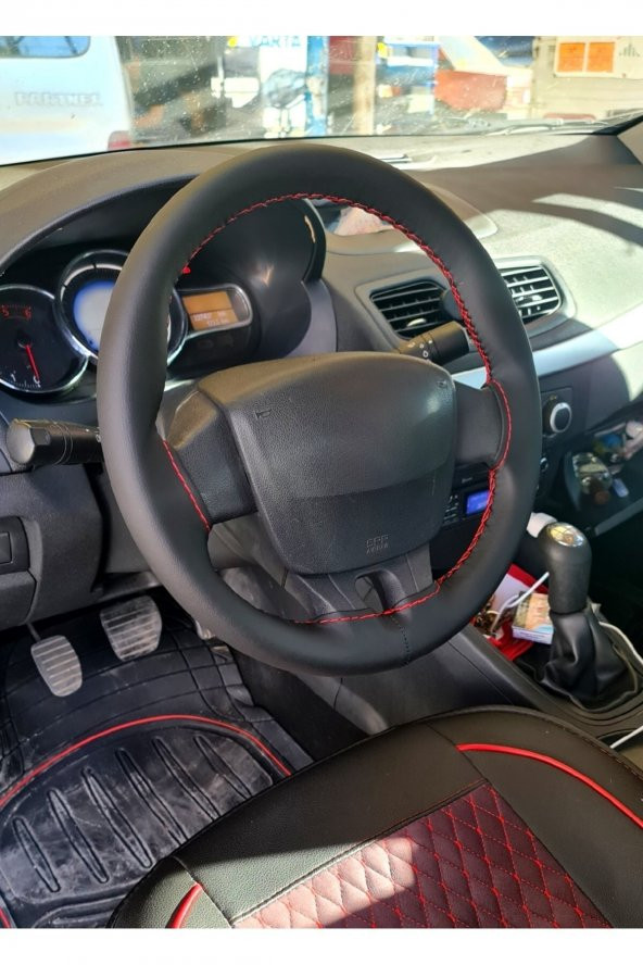 10 Adet Universal Deri Dikmeli Direksiyon Kılıfı Soft Siyah Deri-kırmızı Ipli (38-10cm) - Resim 2