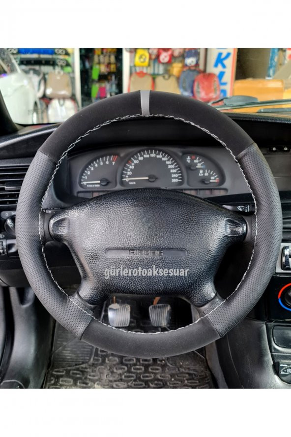 Audi A4 Uyumlu Dikmeli Direksiyon Kılıfı Noktalı-Alkantara Gri Yüzüklü