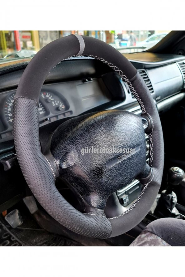 Audi A5 Uyumlu Dikmeli Direksiyon Kılıfı Noktalı-Alkantara Gri Yüzüklü - Resim 2