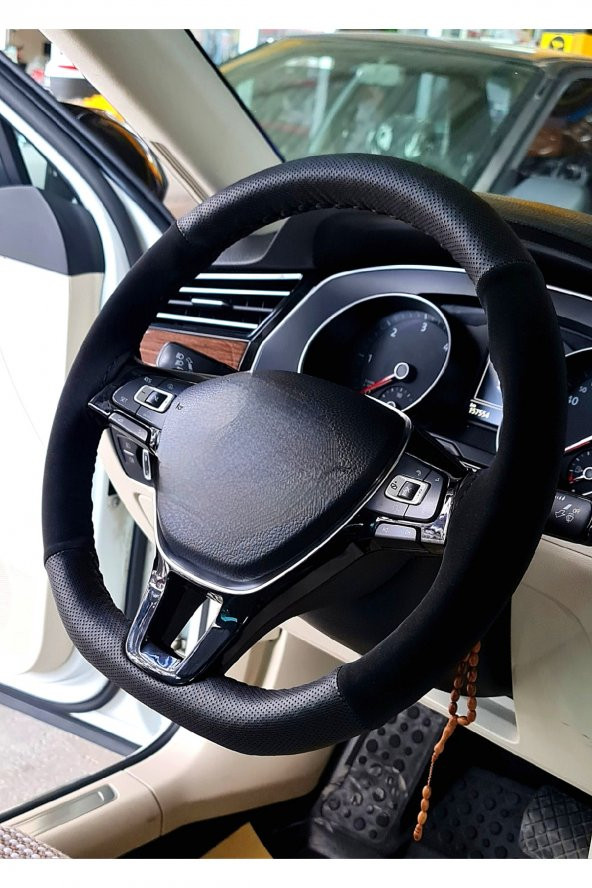 Audi A3 Uyumlu Dikmeli Direksiyon Kılıfı Noktalı-Alkantara Siyah