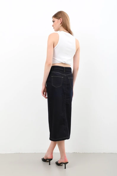 Kadın Önden Düğmeli Yüksek Bel Uzun Denim Etek - Resim 6