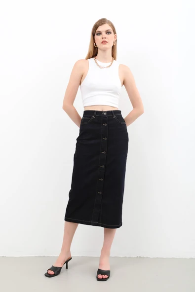 Kadın Önden Düğmeli Yüksek Bel Uzun Denim Etek - Resim 3