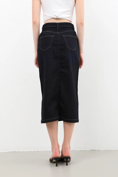 Kadın Önden Düğmeli Yüksek Bel Uzun Denim Etek - Resim 8