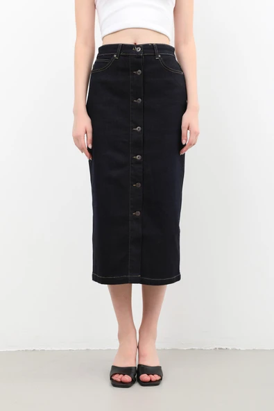 Kadın Önden Düğmeli Yüksek Bel Uzun Denim Etek - Resim 7