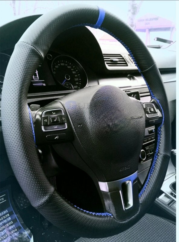 Universal Carbon dikmeli deri direksiyon kılıfı noktalı-karbon mavi ipli ürün görseli 1