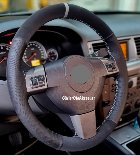 Opel Astra H Kasa Uyumlu Dikmeli Direksiyon Kılıfı Noktalı-Alkantara Gri Yüzüklü ( 38cm×10.5cm ) - Resim 3