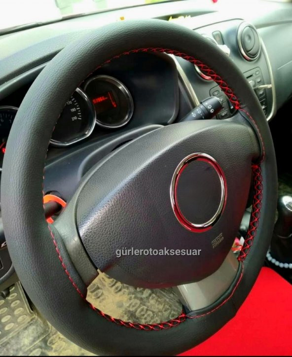 Dacia Duster Uyumlu Deri Dikmeli Direksiyon Kılıfı Soft Kırmızı İpli 10.5CM A+ Plus ürün görseli 1