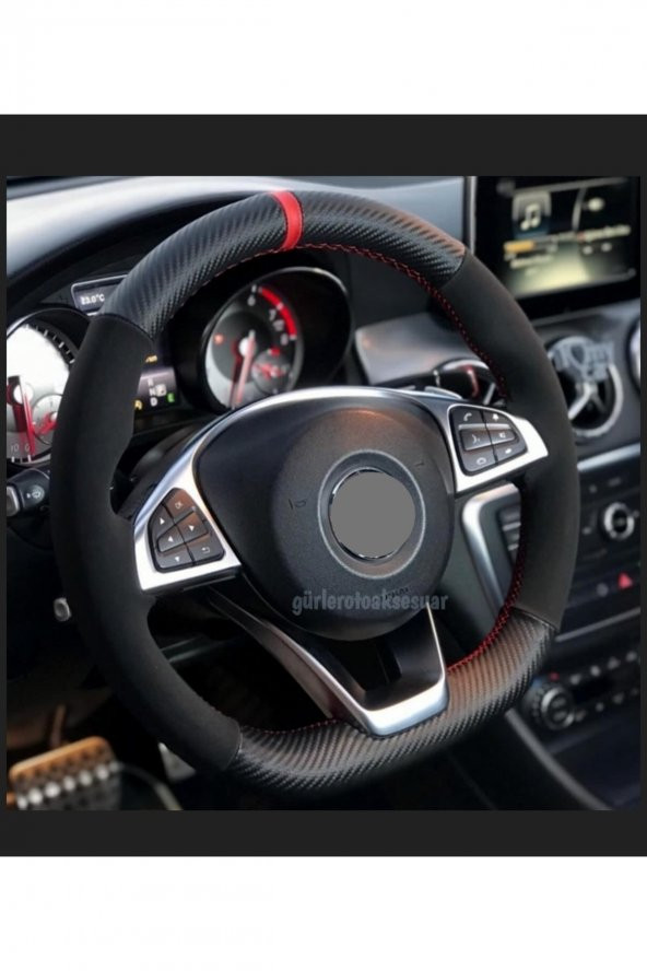 Vw Polo (2014-2018) Uyumlu Dikmeli Direksiyon Kılıfı Carbon-alkantara Kırmızi Yüzüklü ürün görseli 1