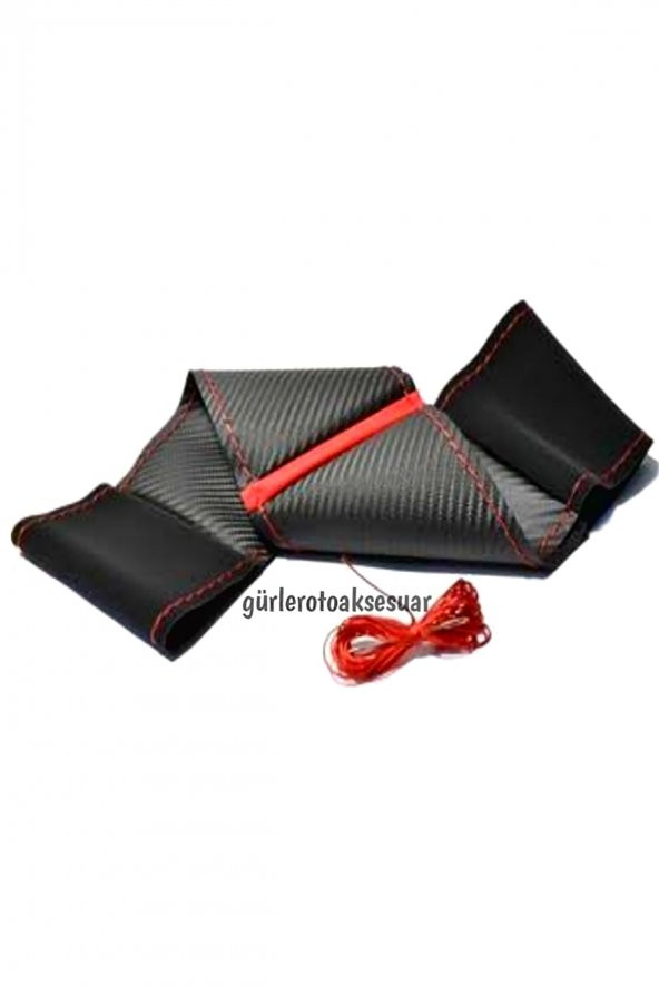 Vw Polo (2014-2018) Uyumlu Dikmeli Direksiyon Kılıfı Carbon-alkantara Kırmızi Yüzüklü - Resim 3