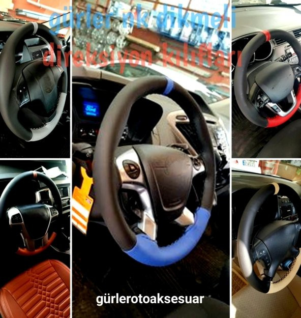 Nissan Primera Uyumlu Deri Dikmeli Direksiyon Kılıfı İki Renkli Yüzüklü Mavi A+Plus ürün görseli 1