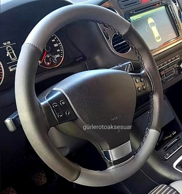 Vw Passat B7 Uyumlu Deri Dikmeli Direksiyon Kılıfı Gri-Siyah 4 parçalı A+Plus ürün görseli 1