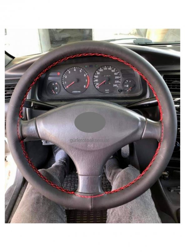 Toyota Corolla 1993-1998  Uyumlu Deri Dikmeli Direksiyon Kılıfı Kırmızı İpli - Resim 3
