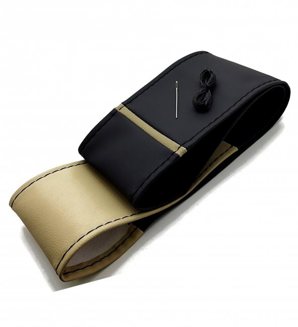 Dacia Logan 2 Uyumlu Dikişli Direksiyon Kılıfı İki Renkli Yüzüklü Bej-Siyah ürün görseli 1