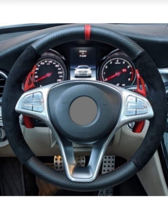 Audi A5 Uyumlu Dikmeli Direksiyon Kılıfı Alkantra-Karbon Kırmızı ürün görseli 1