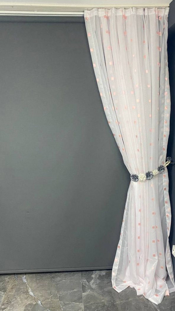 TERGAL PEMBE KARELİ BEYAZ RENK TEK KANAT Hazır Dikilmiş Pileli Fon Perde 300*260 Cm - Resim 6