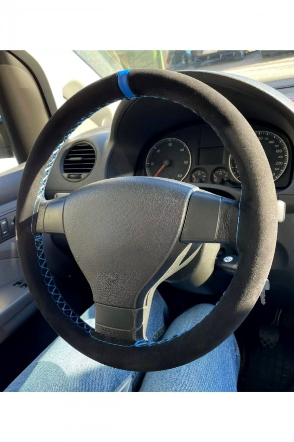 Volkwogen B6 Uyumlu Dikmeli Direksiyon Kılıfı Alkantra Mavi Yüzüklü ürün görseli 1