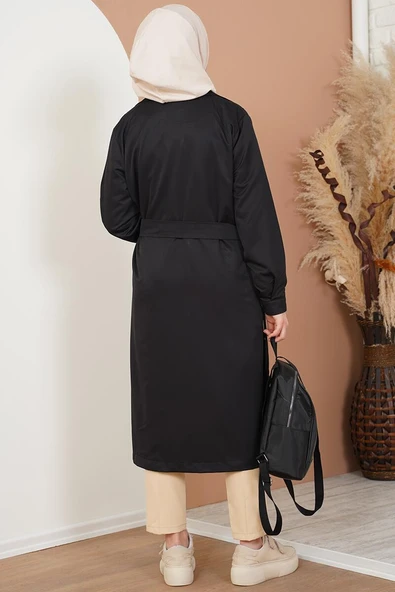 Üç Düğmeli Kruvaze Yaka Siyah Trençkot - 3