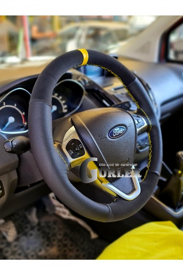 Ford Courier Uyumlu Alkantara Dikmeli Direksiyon Kılıfı Noktalı-nubuk Sarı Yüzüklü ürün görseli 1