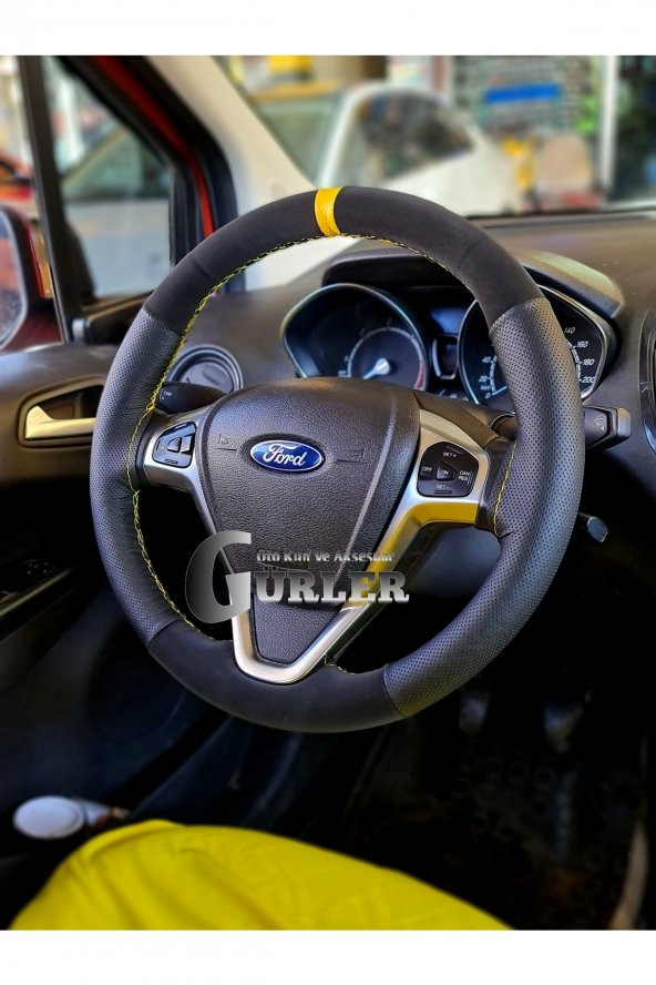 Ford Courier Uyumlu Alkantara Dikmeli Direksiyon Kılıfı Noktalı-nubuk Sarı Yüzüklü - Resim 2
