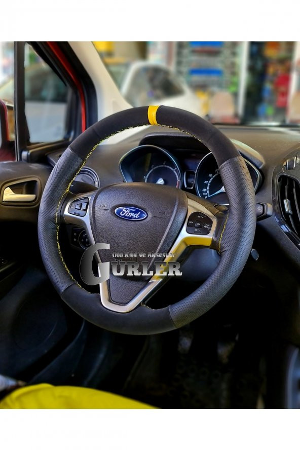 Ford Courier Uyumlu Alkantara Dikmeli Direksiyon Kılıfı Noktalı-nubuk Sarı Yüzüklü - Resim 3