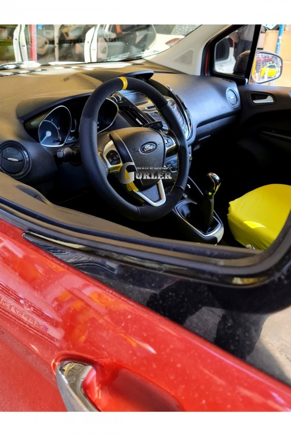 Ford Courier Uyumlu Alkantara Dikmeli Direksiyon Kılıfı Noktalı-nubuk Sarı Yüzüklü - Resim 4