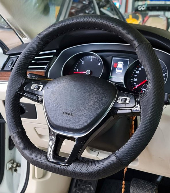 Vw Polo 2017> Uyumludur Carbon Direksiyon Kılıfı Dikmeli Noktalı Karbon Siyah - Resim 2