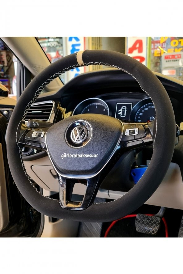 Volkswagen Polo 2017 Ve Sonrası Dikmeli Direksiyon Kılıfı Alkantra Bej Yüzüklü ürün görseli 1