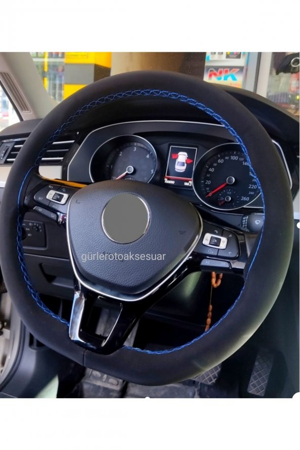 Volkswagen Polo 2017> Uyumlu Alkantra Dikmeli Direksiyon Kılıfı Mavi Ipli ürün görseli 1