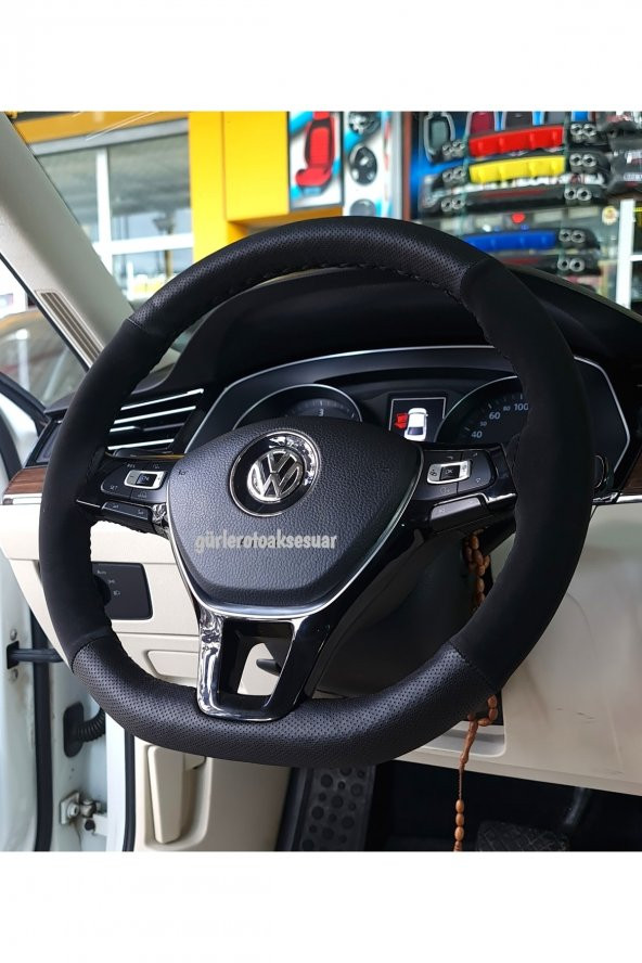 Alcantara Oto Direksiyon Kılıfı Dikmeli Noktalı Nubuk Siyah ( 38-10.5cm ) ürün görseli 1