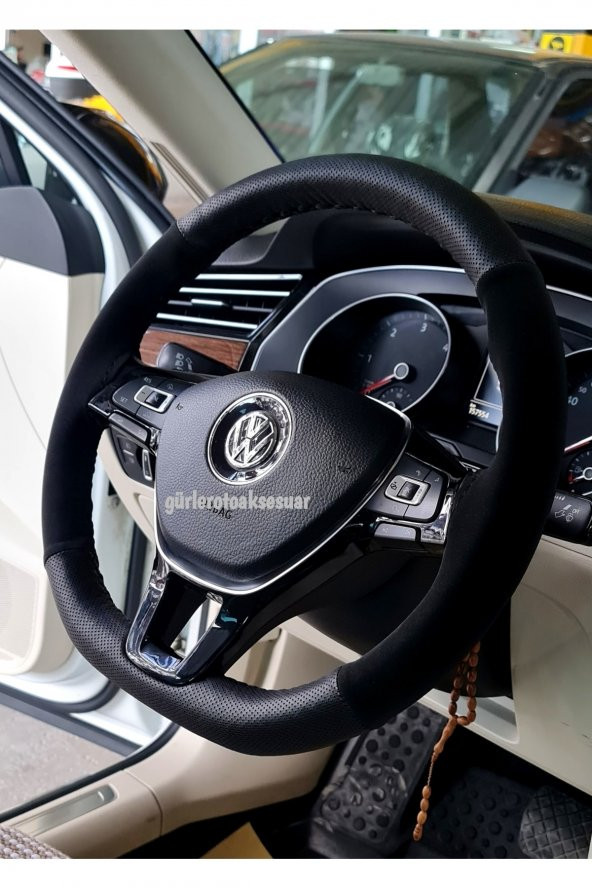 Alcantara Oto Direksiyon Kılıfı Dikmeli Noktalı Nubuk Siyah ( 38-10.5cm ) - Resim 4