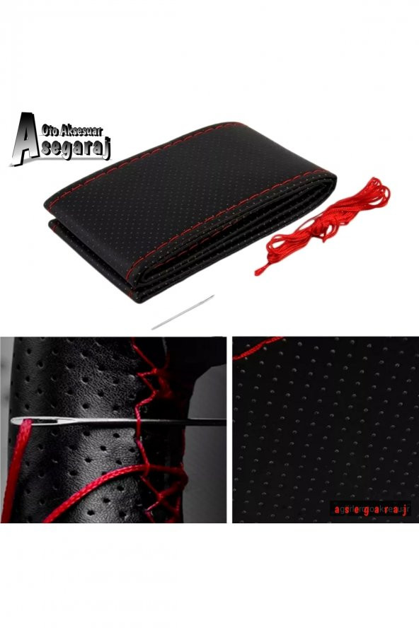 Fiat Punto Uyumlu Dikmeli Direksiyon Kılıfı Noktalı Siyah Deri-kırmızı Ipli ( 38cm×10.5cm )