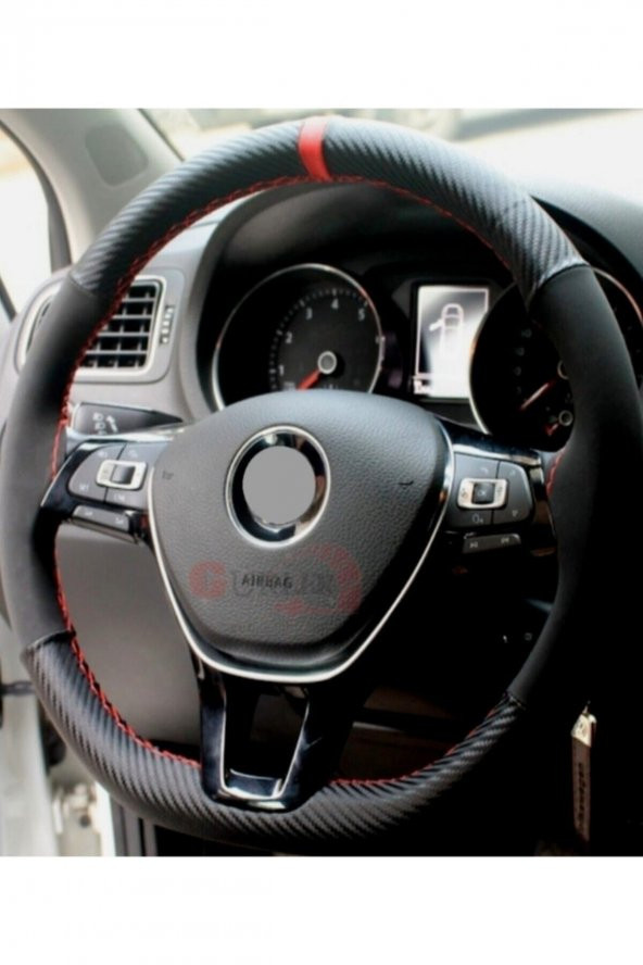 Vw Passat B8-b8,5 Uyumlu Alkantara Dikmeli Direksiyon Kılıfı Alcantara Karbon Kırmızı Yüzüklü
