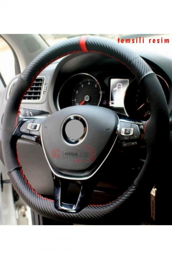 Ford Fiesta Uyumlu Dikmeli Direksiyon Kılıfı Carbon Alkantra Kırmızı Yüzüklü