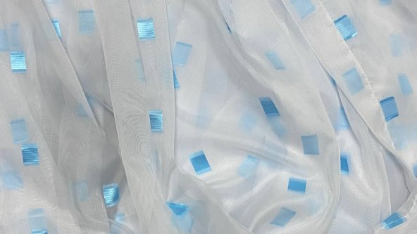 TERGAL TURKUAZ KARELİ BEYAZ RENK TEK KANAT Hazır Dikilmiş Pileli Fon Perde 300*260 Cm - Resim 3